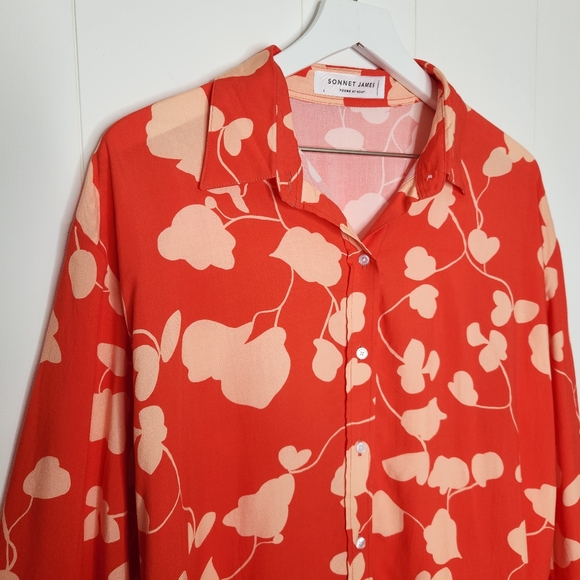 Sonnet James Orange Floral Print Long Sleeve Button Down Playsuit Shirt - Picture 2 of 6